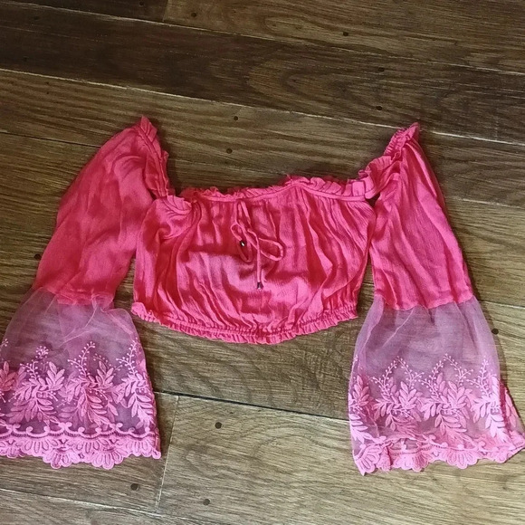 Rachel Tops - NEW Boho romantic cottage prairie lace embroidered gauzy crop pink large